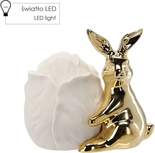 Conejito de cerámica de Pascua con acabado dorado y flor LED