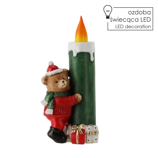 Decoración navideña LED en forma de vela con osito con gorro y bufanda
