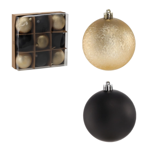 Set de bolas de Navidad de 8 cm negro‑dorado con purpurina (9 uds) GardenPlus