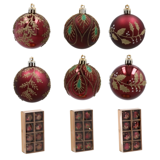Set de bolas navideñas burdeos de 6 cm con motivo de hojas doradas – 8 uds.