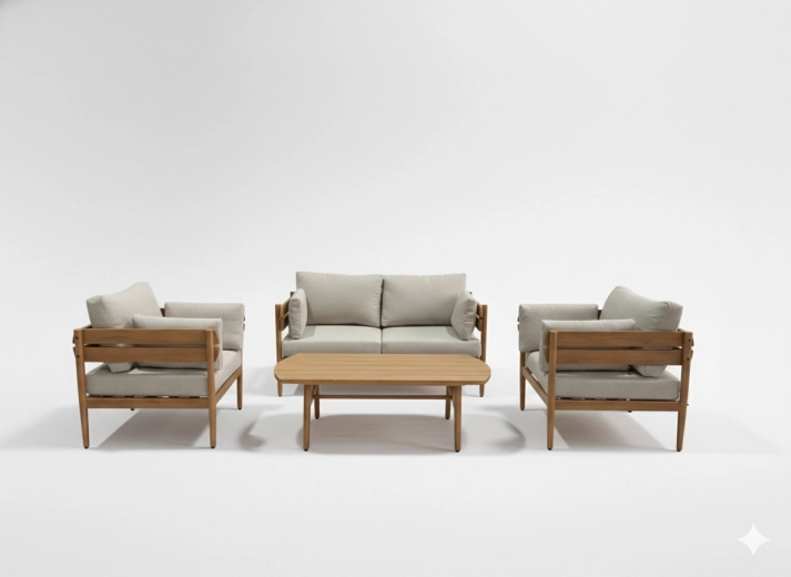 Conjunto de salón de jardín de aluminio Podgorica, 4 piezas (sofá, 2 sillones, mesa de centro) – estructura marrón, cojines beige