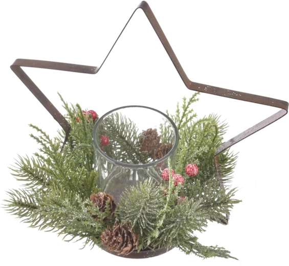Portavelas Star de vidrio y metal con decoración de bayas 20 × 20 × 22 cm