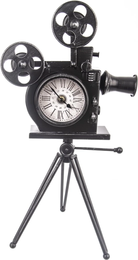 Reloj de metal de pie con forma de cámara