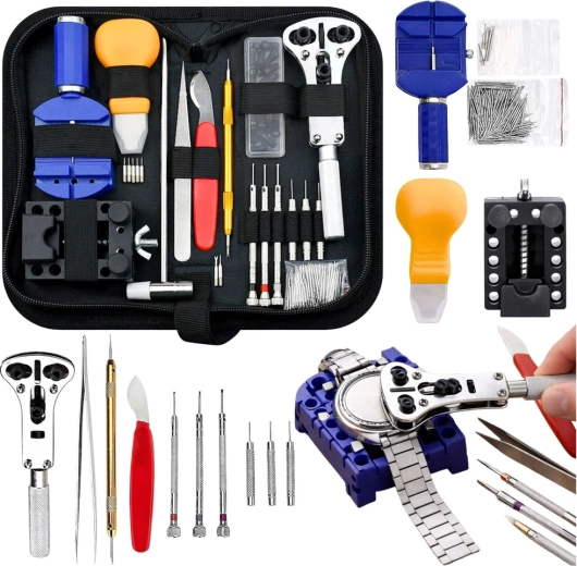 Juego profesional para reparación de relojes en estuche protector, 147 piezas