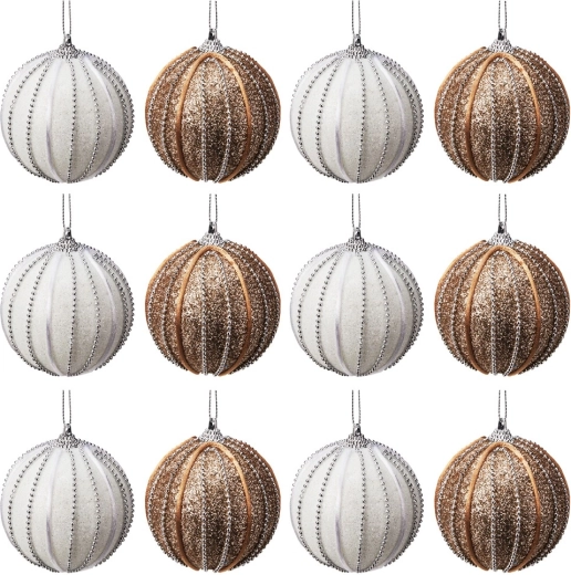 Bolas navideñas irrompibles blancas y champán de 8 cm, 12 uds