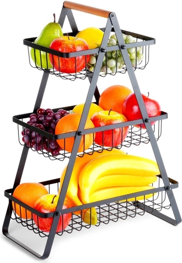 Cesta metálica de tres niveles para fruta con asa de madera, negra