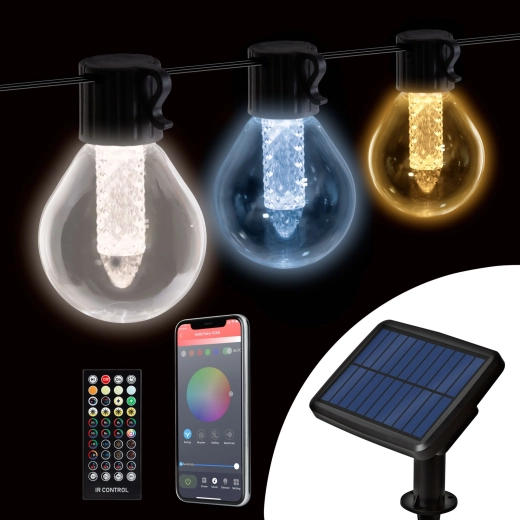 Cadena de luces solares inteligente con 15 bombillas LED blancas, Bluetooth y temperatura de luz ajustable