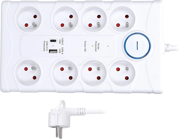 Protector contra sobretensiones Solight con 8 tomas y USB-A/USB-C, 2 m, blanco