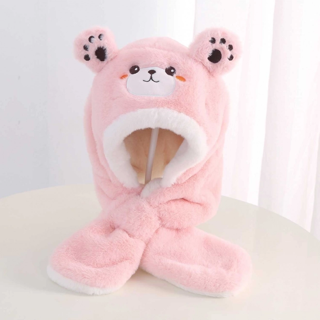 Gorro infantil de felpa con bufanda – oso – Rosa claro