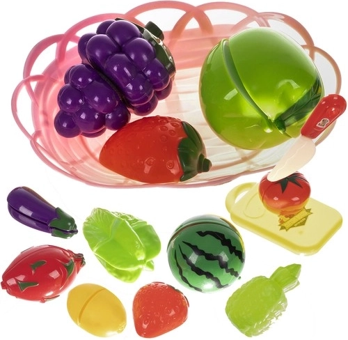 Set de frutas y verduras para cortar en cesta con tabla y cuchillo
