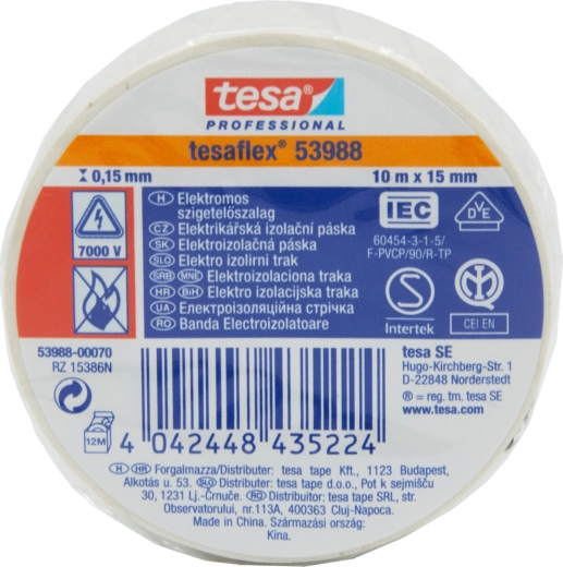 Cinta aislante eléctrica TESA 15 × 10 m blanca