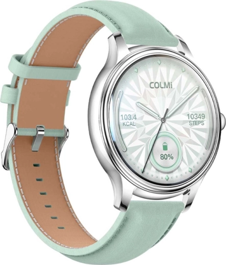 Reloj inteligente Colmi L28 plateado‑verde con correa de cuero