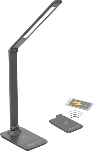 Lámpara de mesa LED regulable Solight con carga inalámbrica de 10 W, cambio de temperatura de color, gris