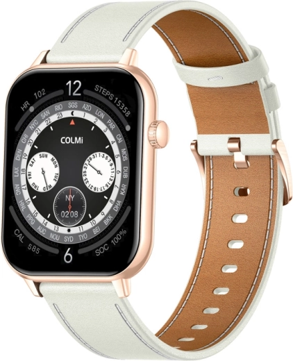Reloj inteligente COLMI C28 dorado con correa de cuero blanca