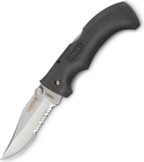 Cuchillo de bolsillo universal Lansky Easy Grip con filo parcialmente dentado, negro
