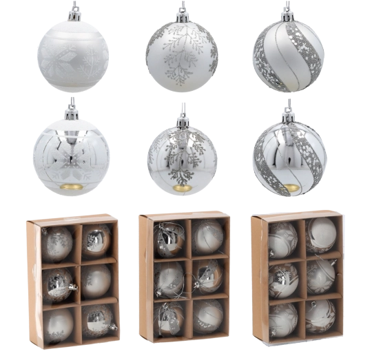 Set de 6 bolas navideñas plateadas de 7 cm con distintos diseños