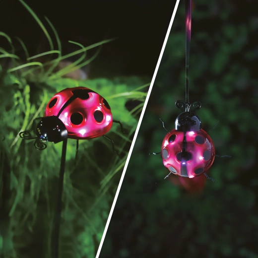 Lámpara LED solar con forma de mariquita para jardín, con pincho o clip, roja