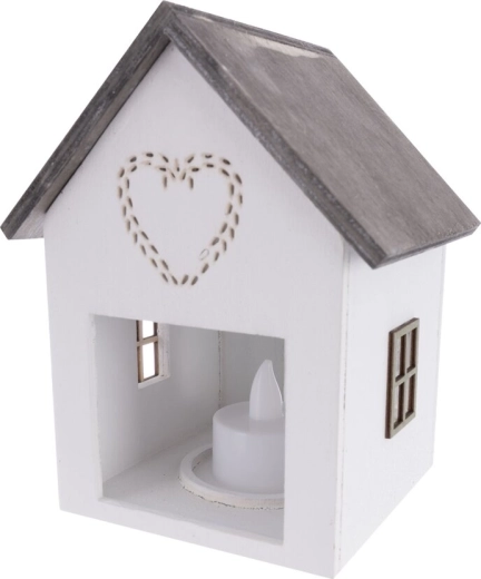 Casita decorativa de madera con iluminación LED integrada, blanca, 15 cm