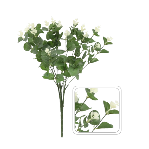 Rama artificial de eucalipto con flores blancas 46 cm