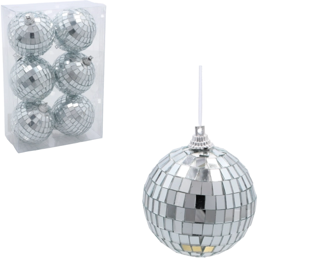 Juego de 6 adornos navideños de plástico transparente de 6 cm con diseño blanco brillante