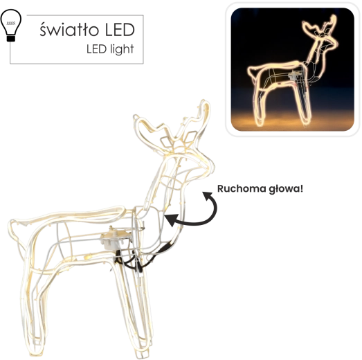 Reno LED navideño con cabeza móvil 64 × 22 × 70 cm, blanco cálido, para interior y exterior