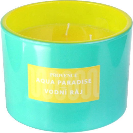 Vela aromática en vaso de vidrio turquesa-amarilla 292 g