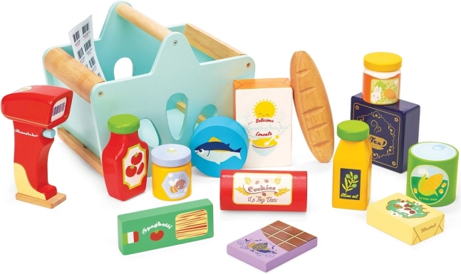 Le Toy Van cesta de madera con alimentos y escáner