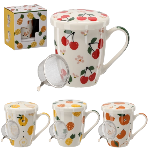 Taza de porcelana con tapa e infusor 340 ml con motivos frutales