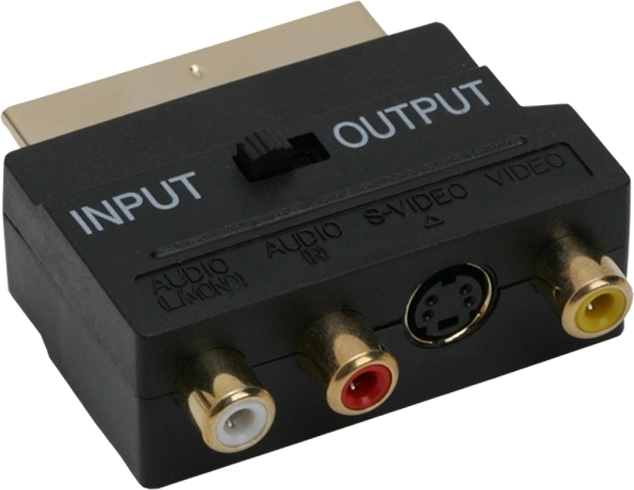 Adaptador SCART dorado a 3 RCA y S-Video con interruptor