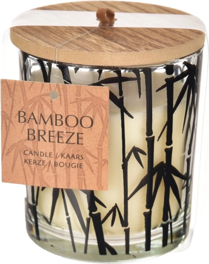 Vela aromática de bambú en recipiente de vidrio y madera