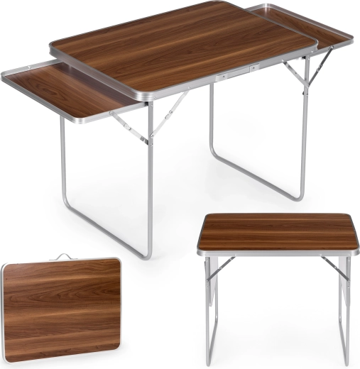 Mesa de camping plegable MultiGarden 120 × 60 cm con 2 estantes laterales, marrón