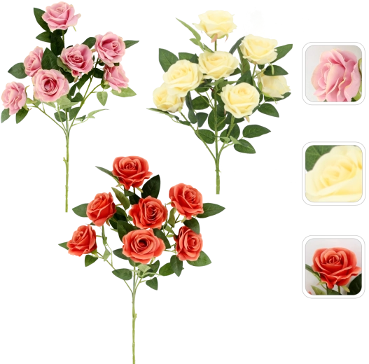 Rama artificial de rosa con siete flores de 8 cm, mezcla de colores (24 uds.)