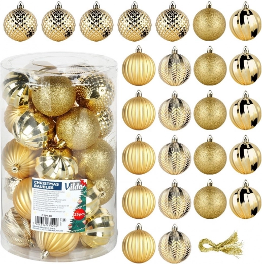 Juego de bolas navideñas doradas irrompibles de 6 cm, 25 uds.