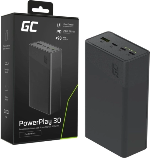 Powerbank 30000 mAh, 22,5 W, 4 puertos, negra