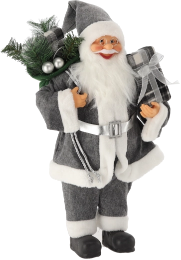 Papá Noel gris de pie de 60 cm – figura navideña con saco de regalos