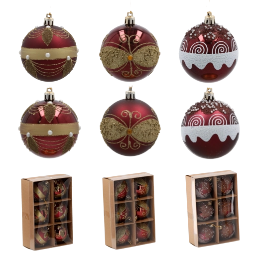Juego de adornos navideños burdeos de 7 cm – 6 uds., irrompibles con perlitas y detalles dorados