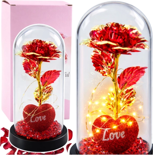 Rosa eterna de cristal bajo una cúpula con iluminación LED – Roja con corazón