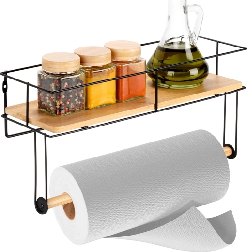 Soporte de pared para toallas de papel con estante, metálico, negro