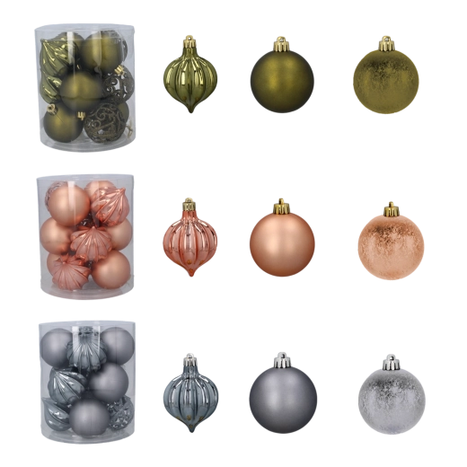 Juego de adornos navideños de 6 cm – oliva, cobre y grafito (12 uds)