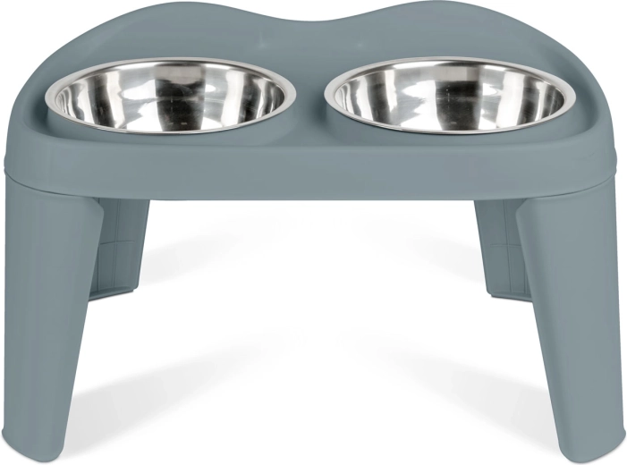 Soporte elevado con dos cuencos de acero inoxidable para perros y gatos M – gris