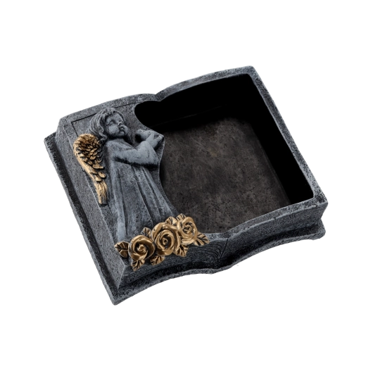 Maceta cementada para cementerio con forma de libro, gris oscuro con detalles dorados
