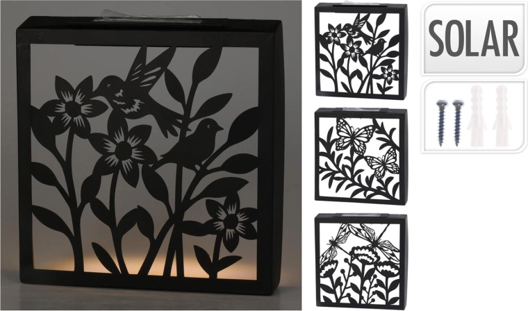 Decoración LED solar de pared – cuadrada de metal en negro con interior dorado 26 × 26 × 5 cm