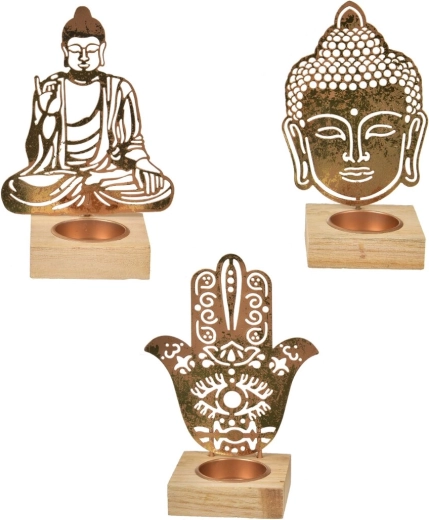 Candelabro Buda de madera y metal en color dorado