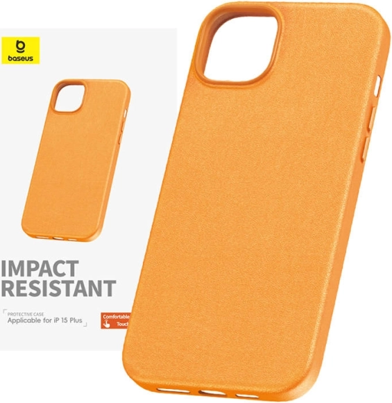 Funda de piel PU BASEUS Fauxther para iPhone 15 Plus – naranja