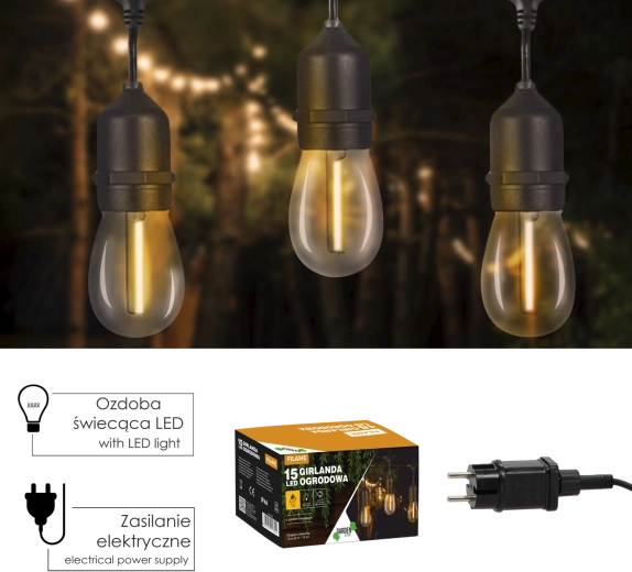 Guirnalda luminosa de jardín con mando a distancia 24 V, 18 m, 15 LED blanco cálido