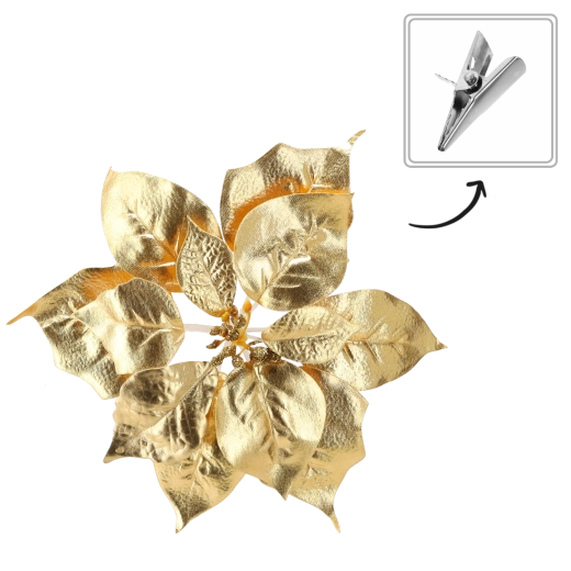 Flor de Navidad (poinsettia) navideña con clip 25 cm – dorada