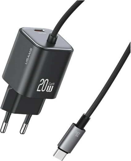 USAMS serie JC mini cargador de red GaN de 20 W con cable USB‑C integrado (2× USB‑C), negro