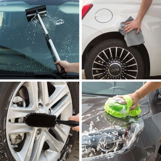 Kit para el mantenimiento del coche con paños, esponja de lavado, cepillo para llantas y limpiacristales telescópico