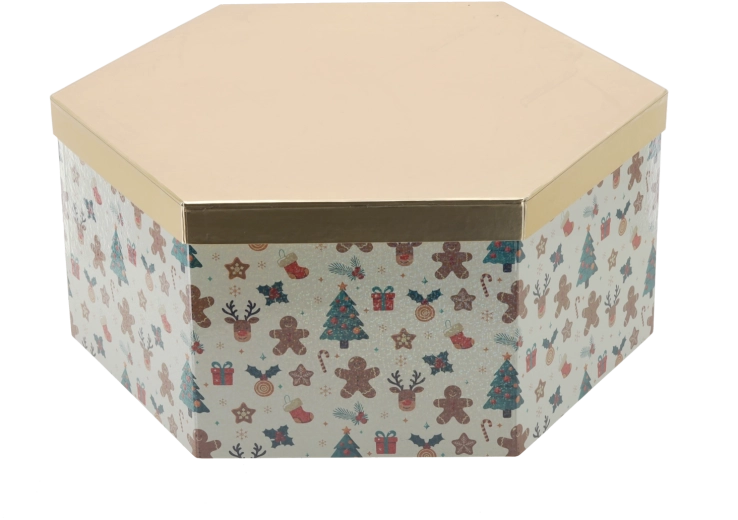 Caja de regalo navideña con forma de hexágono con tapa dorada