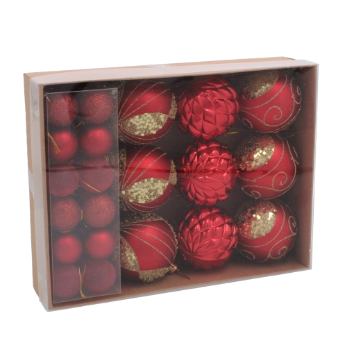 Set de 33 adornos navideños en color rojo, plateado y dorado